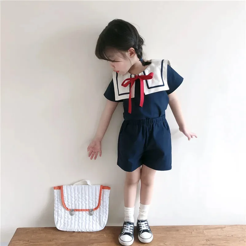 Freely Move Japanese Korean Kids Sailor Collar Cotton Linen Bowknot T Shirt+Short Pants 2pcs Summer Clothes Set Boys Girls Suit