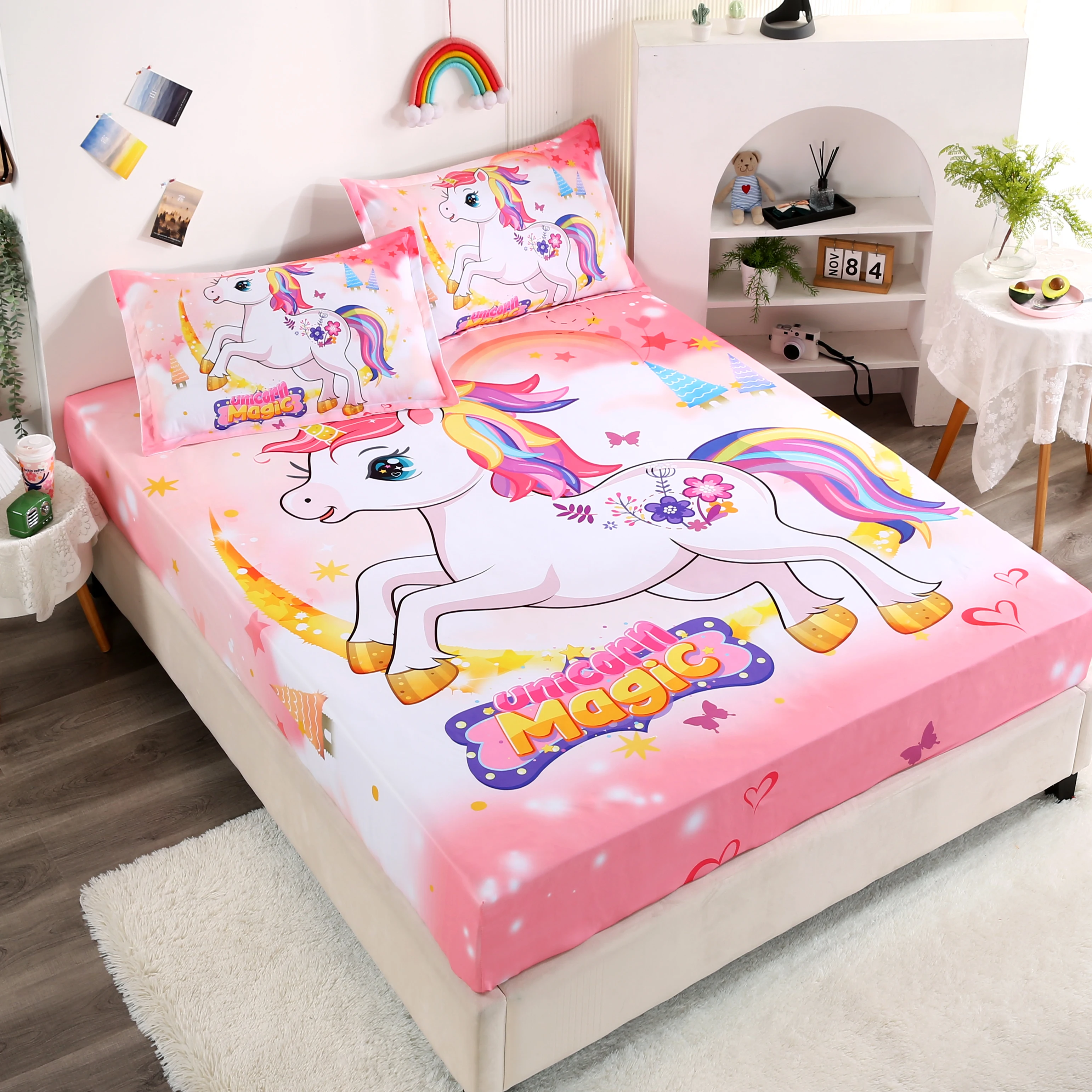 

Комплект постельного белья для девочек, 3d-простыня с мультяшным рисунком единорога, наматрасник, простыня из микрофибры с наволочкой
