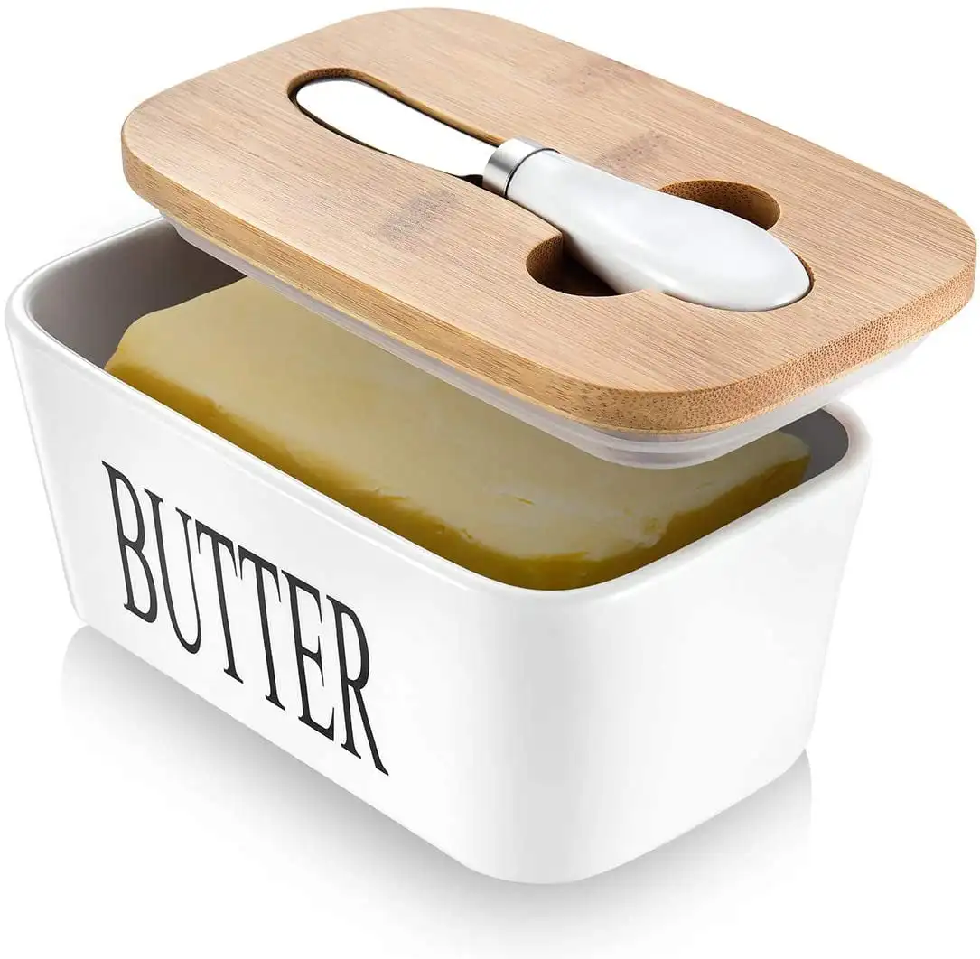 

Large Butter Dish with Lid Ceramics Butter Keeper Container with Knife and Stainless Steel