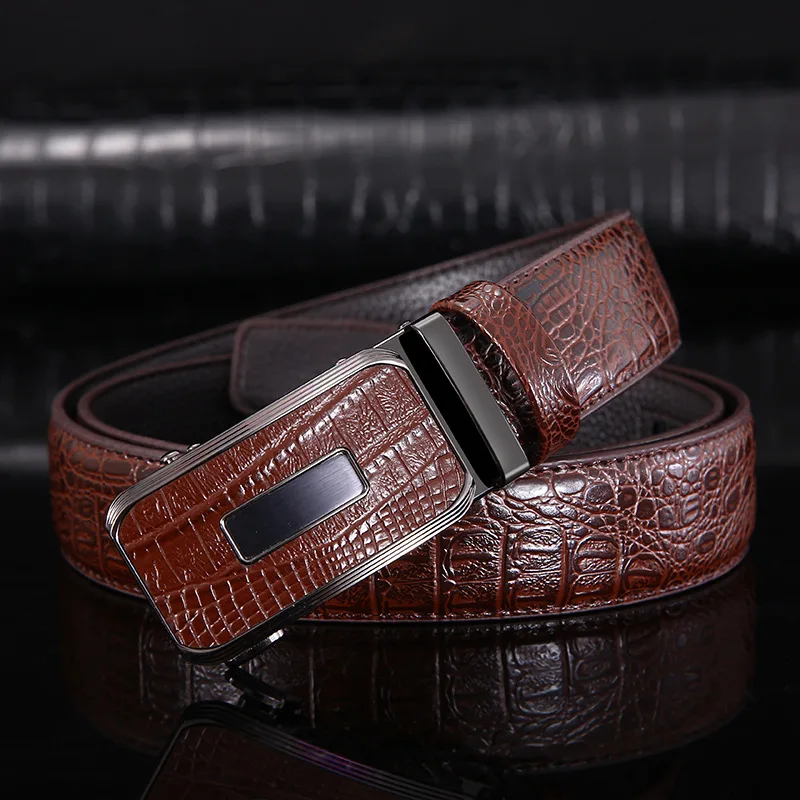Vintage Leather Belt for Men Fashion Business Jeans Accessories Luxury Crocodile Lines Leather Cowhide Automatic Buckle Girdle