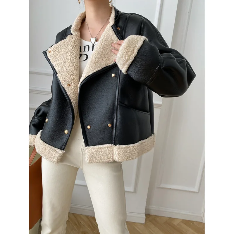 

Stand Collar Lamb Wool Leather Jacket 2022 Winter Single Breasted Loose Thicken Long Sleeve Warm Short Coats Streetwear Tops