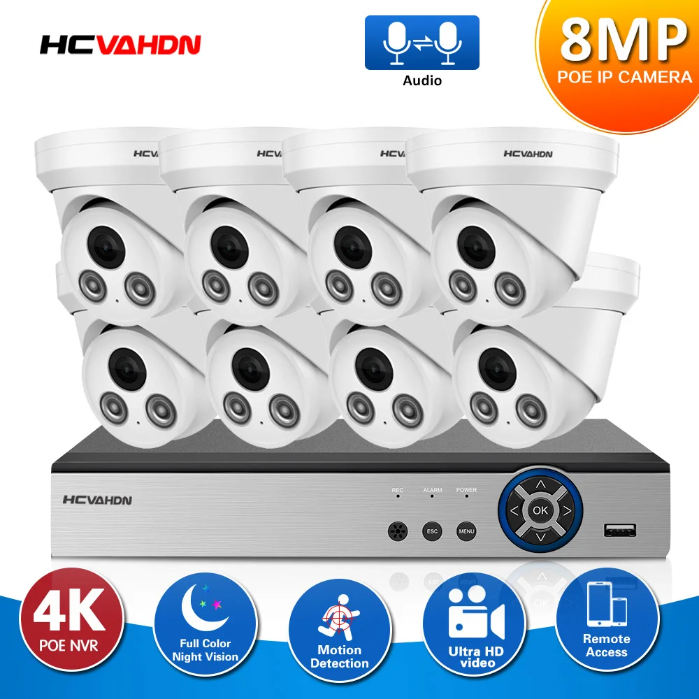 

Система видеонаблюдения 4K Ultra HD POE, 8-канальный сетевой видеорегистратор с камерой безопасности 8 Мп, комплект видеонаблюдения с цветным ночн...