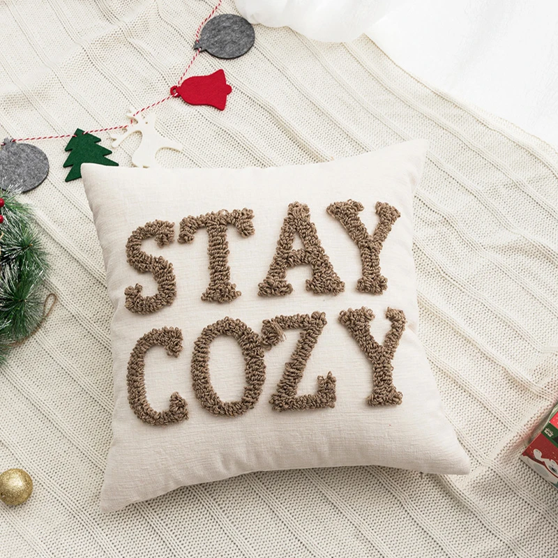 

Beige White Nordic Christmas Cushion Cover Letter Tufted Embroidered Cushion Covers Festival Decorative Cushions for Sofa