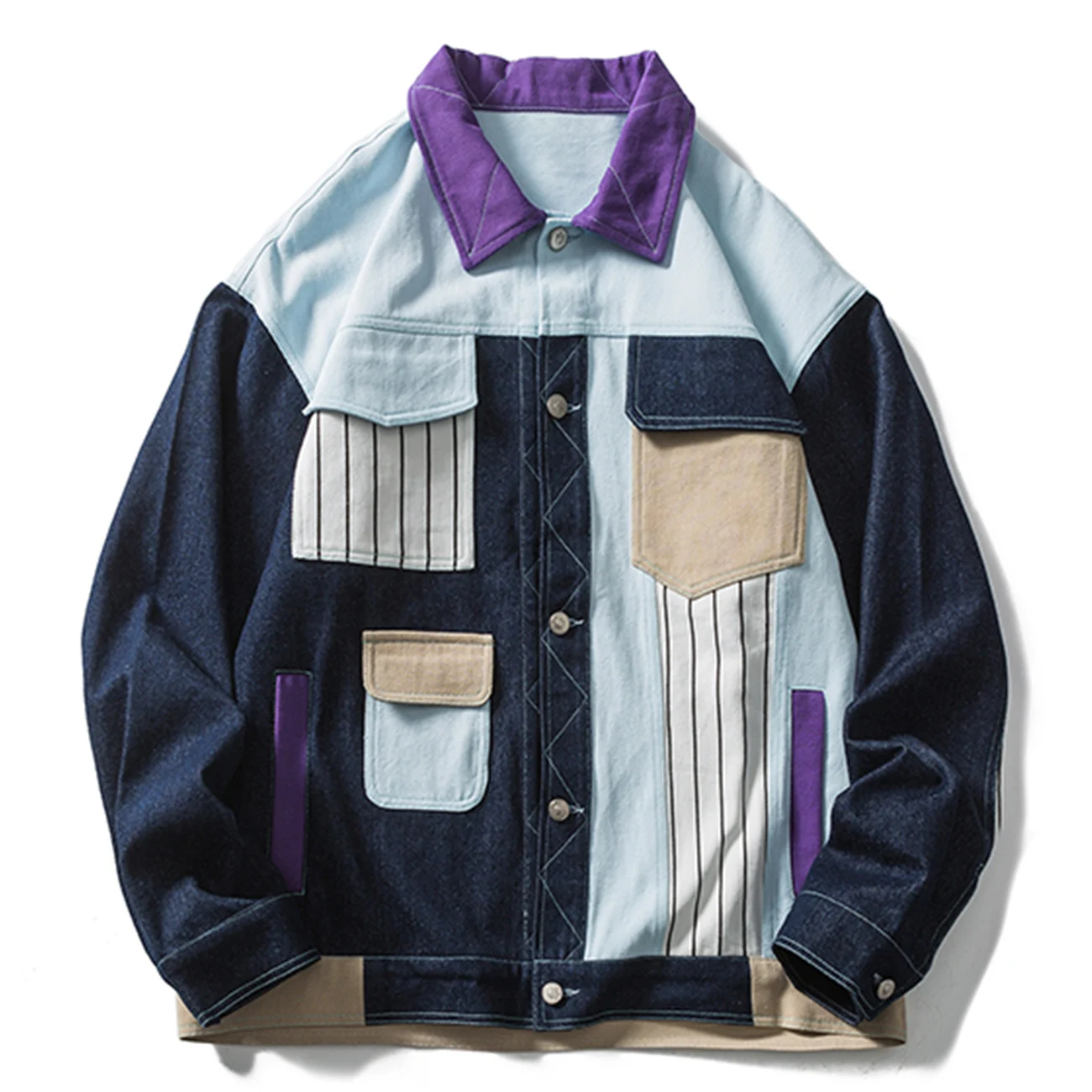 

Jacket Vintage Multi Pockets Color Block Denim Patchwork Jacekts Coats Streetwear Hip Hop Harajuku Casual Jacket Outwear