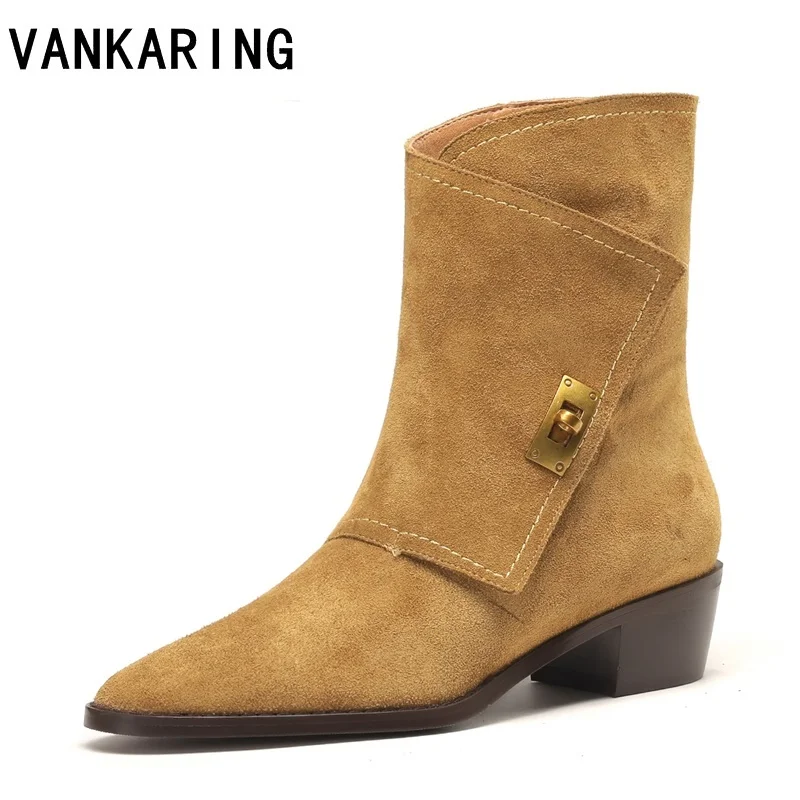 

brand shoes women's cowboy high heeled ankle boots woman vintage pointed toe suede leather boots female high heels riding boots