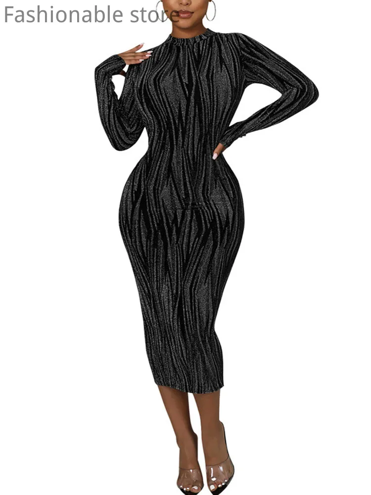 

Women Sexy Round Neck Print Long Sleeve Glitter Maxi Dress