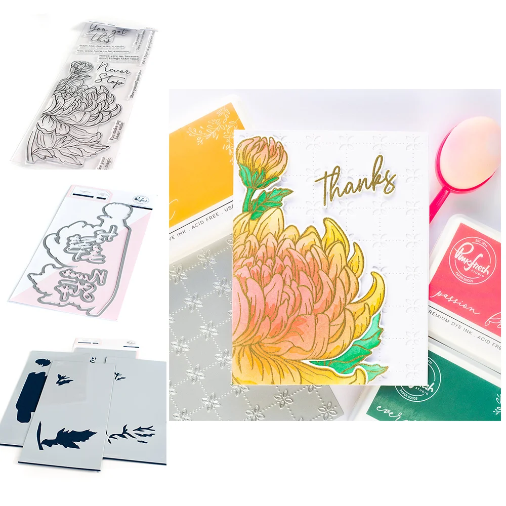 

2022 Chrysanthemum Slimline Metal Cutting Dies Scrapbook Decorate Embossing Craft Silicone Stamps Set Diy Greeting Card Stencils