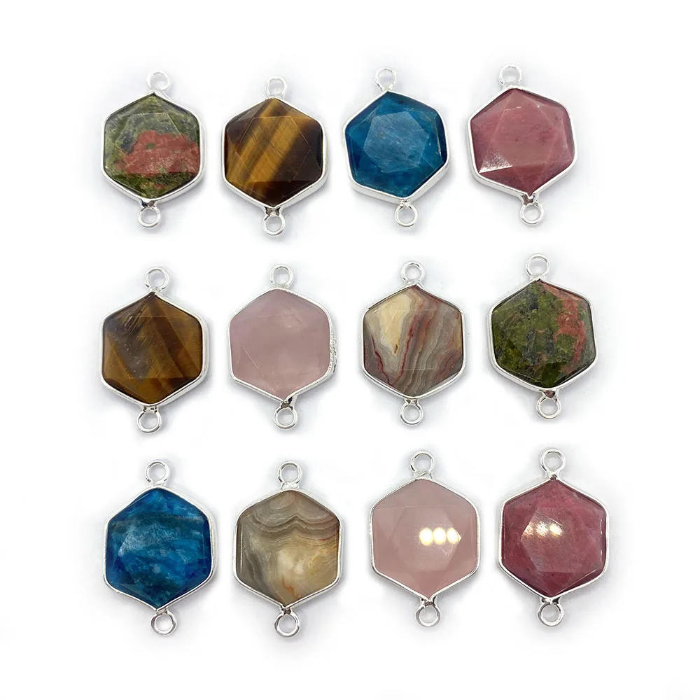 

Natural Stone Hexagonal Double Hole Tiger Eye Pink Crystal Pendant for Charming Ladies Necklace Connector DIY Fashion Jewelry