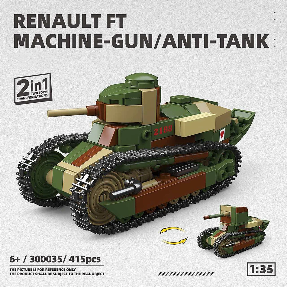 Фото Конструктор 2 в 1: военный танк Renault FT (фр. легкий танк) времен ВМВ и пулемет для защиты от танков (военная техника времен Первой мировой войны). Игрушка для детей, подарок. №2