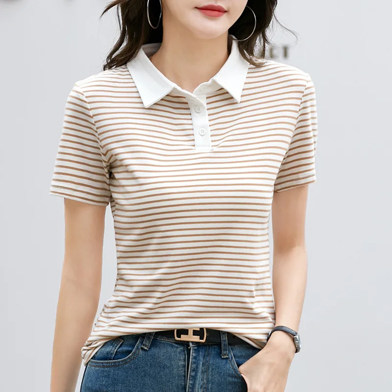 

S-3XL Womens Polo Shirts Summer Short Sleeve Turn-down Collar Breathable Fashion Striped Female Tops Tees Ladies Clothes Hw37