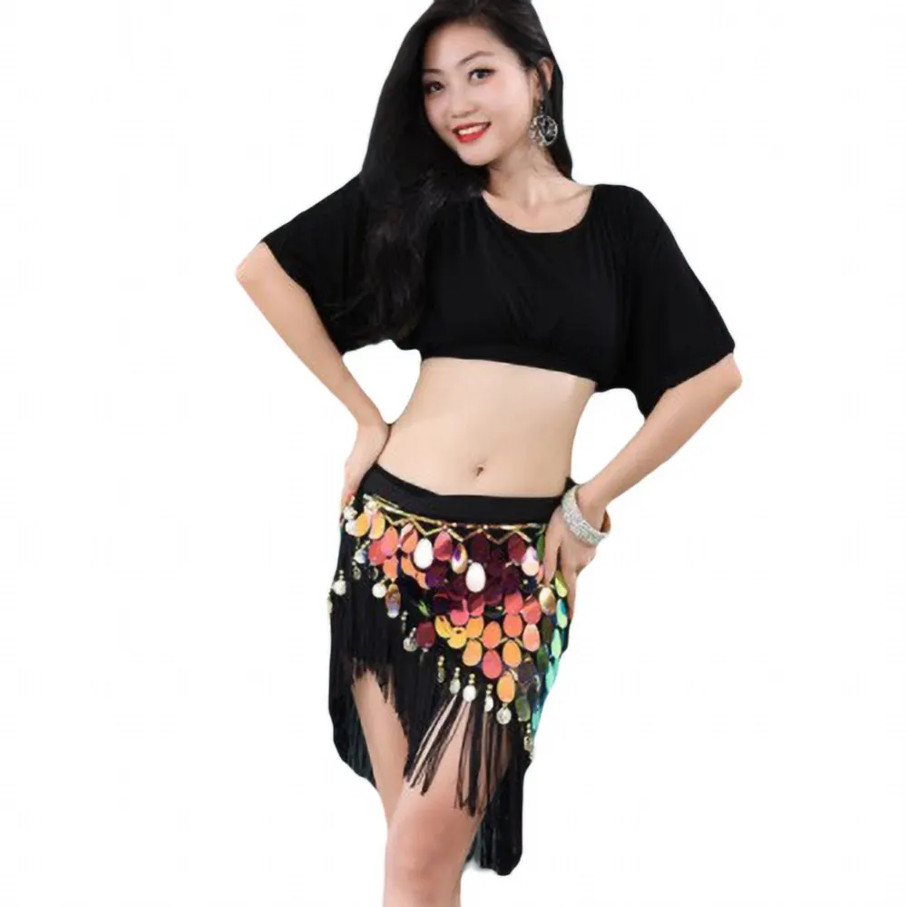 

Fashion Sexy Tassel Sequin Belly Dance Suit Ladies Dance Practice Short Top Dance Hip Scarf Stage Competition Costume