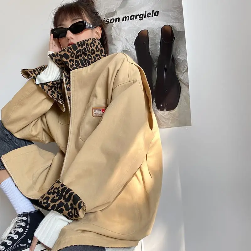 

American Retro Loose Leopard Patchwork Outerwear Cargo Coats Women Two Side Jackets Zipper Harajuku Long Sleeve Streetwear