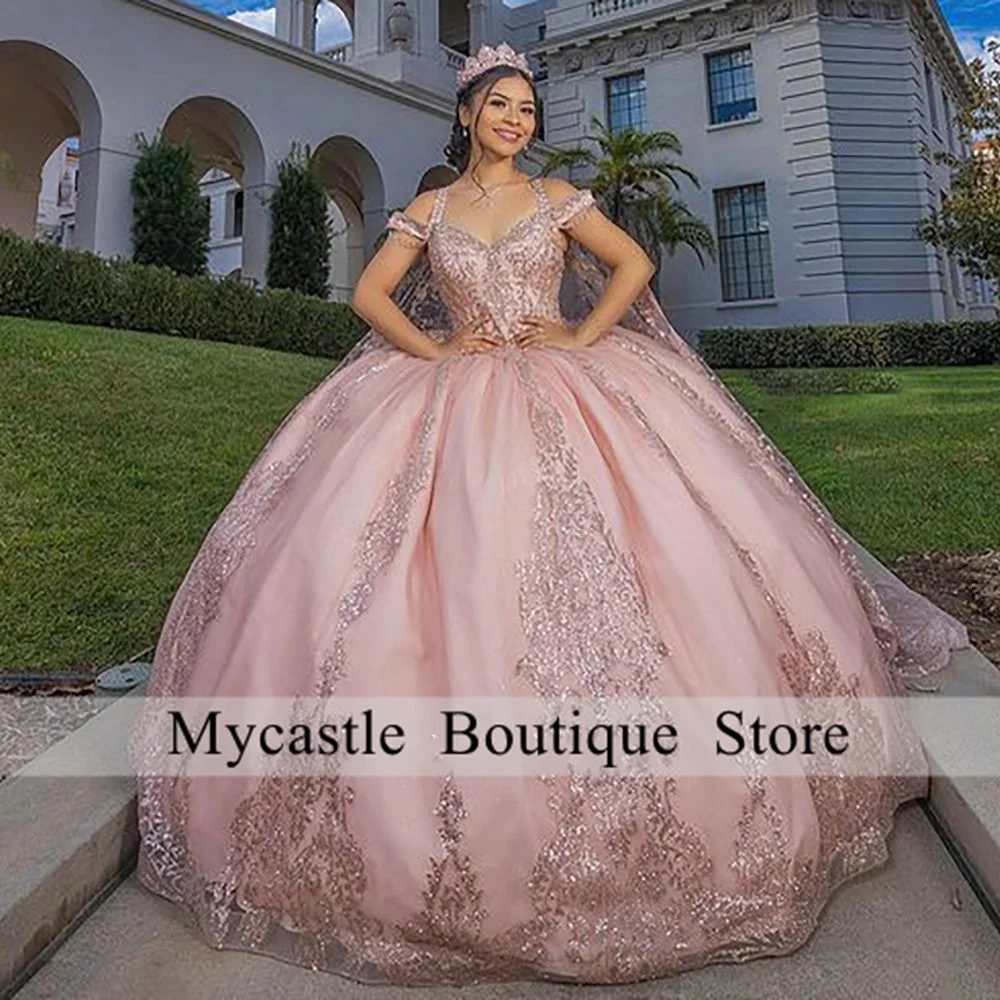 

Pink Crystal Appliques Open Back Ball Gown Quinceanera Dresses Detachable Cape Sweetheart Sleeveless Vestido De 15 16 Anos