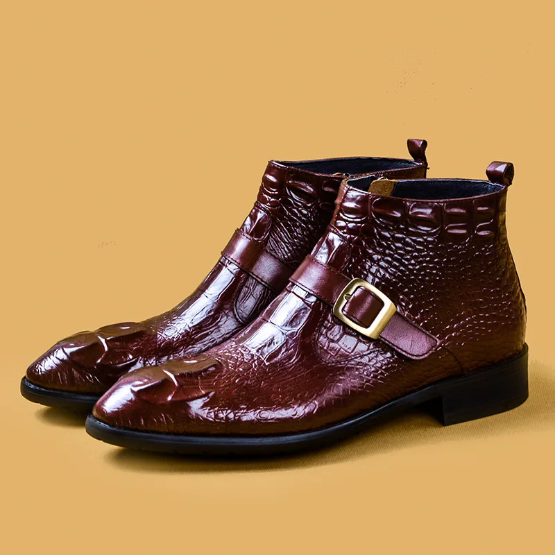 

Ботильоны мужские с крокодиловым узором, натуральная кожа, на молнии, бордовые классические сапоги, без застежки, ботинки челси, 46 размер