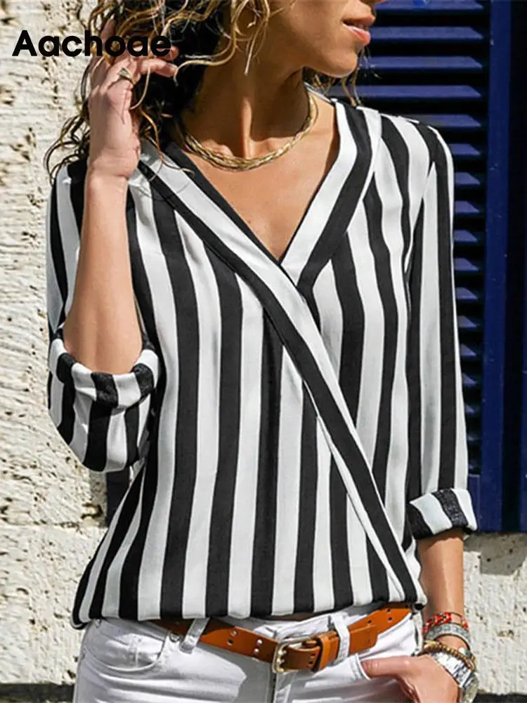 Женская полосатая блузка Aachoae с длинным рукавом и V-образным вырезом повседневные