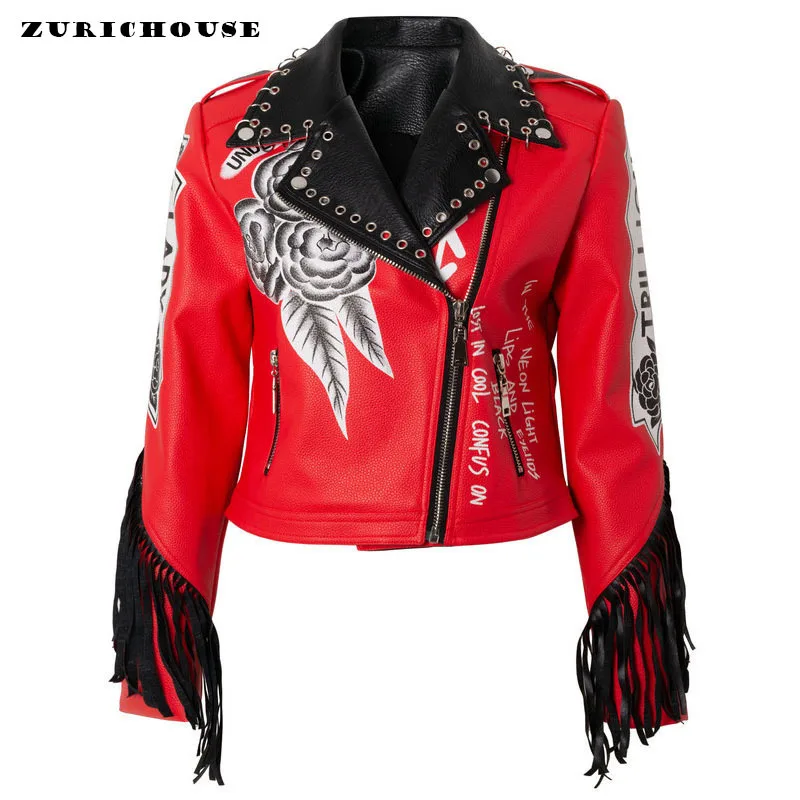 ZURICHOUSE Chic Red PU Leather Hit Color Print Tassel Jacket Women Slim Short Streetwear Motorcycle Faux Leather Coat Mujer