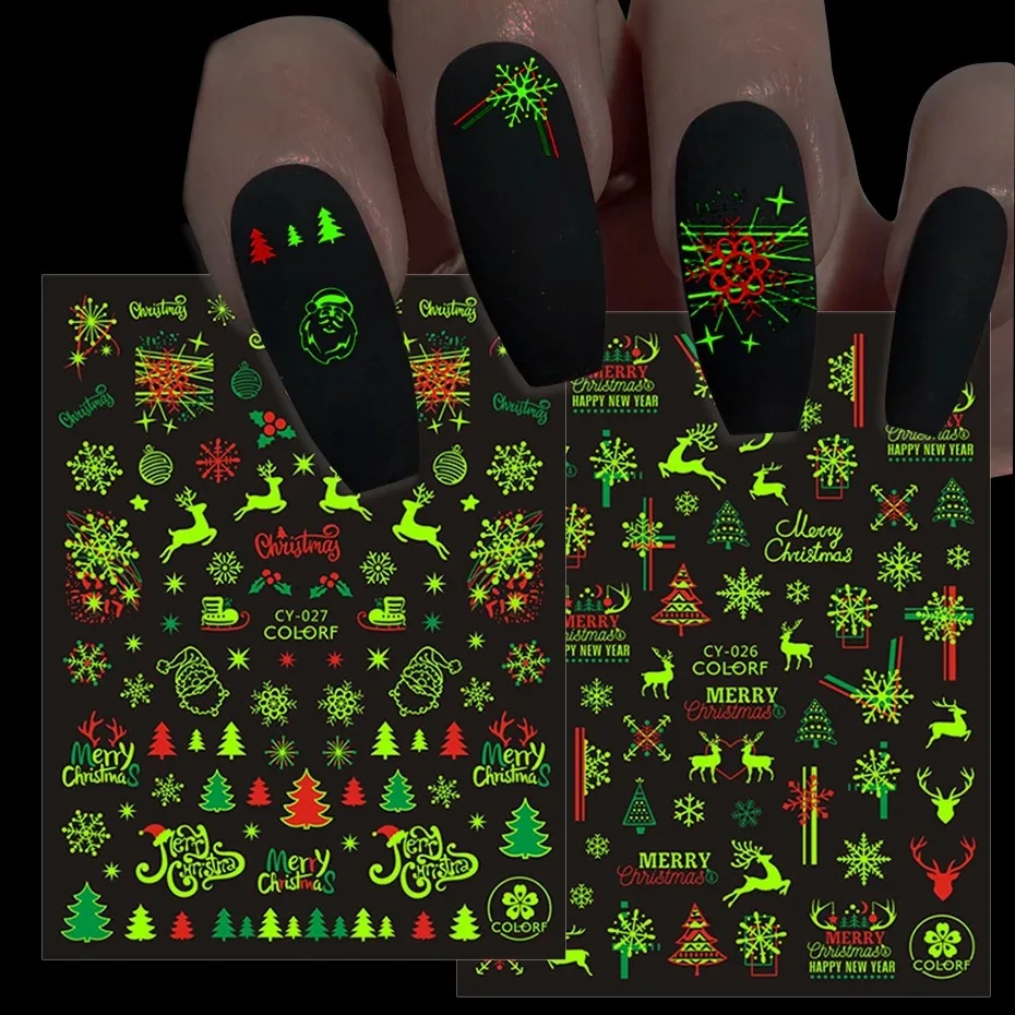 

Christmas Nail Sticker Xmas 3D Nail Sticker Glow In Dark Patterns Sliders for Nails Fluorescent Decals Nail Art DIY Nail Decor
