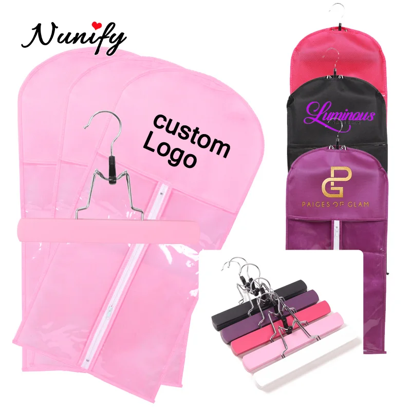 Custom Personalized Brand For Wig Storage Bags With Hanger Colorful Strong Wooden Hanger With Portable Hair Extensions Holder
