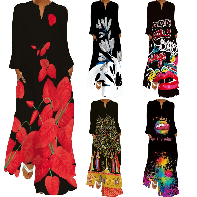 

European and American fashion new ladies retro butterfly printed dress foreign trade V-neck long sleeves pocket dress （01）