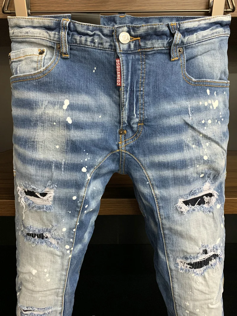 New Men's Dsquared2 Buttons Jeans Ripped For Male Skinny  Pants Men's Denim Trousers Top Quality Slim Jeans A392
