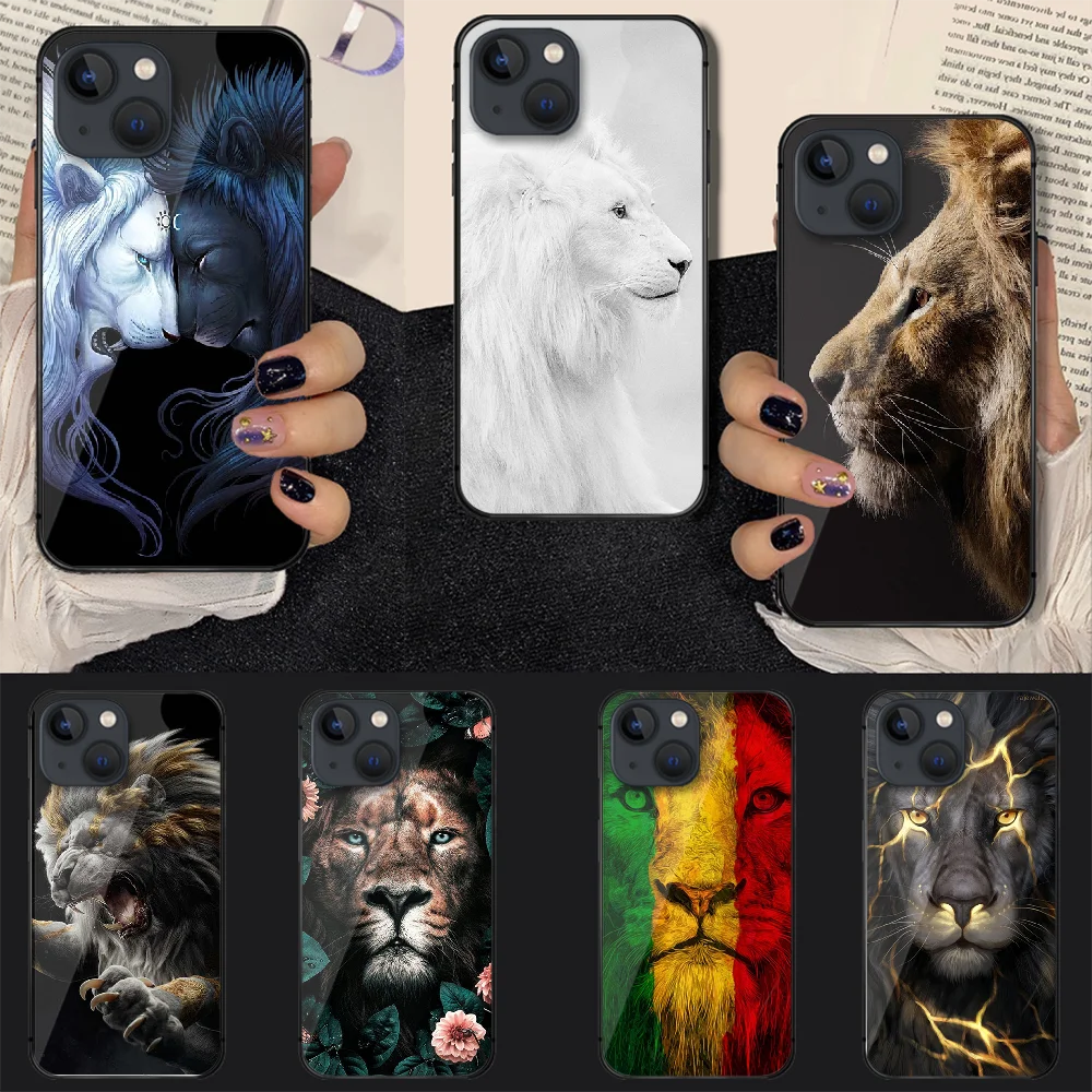 

Lion King Cool Pattern Tempered Glass Phone Case Cover For Iphone 7 8 11 12 13 14 Pro Max Plus Mini 6s X XS XR SE Black