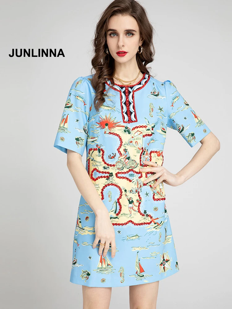 

JUNLINNA Fashion Runway Women Dress Short Sleeve Crew Neck 2022 Summer New Printed and Beading Vestidos A