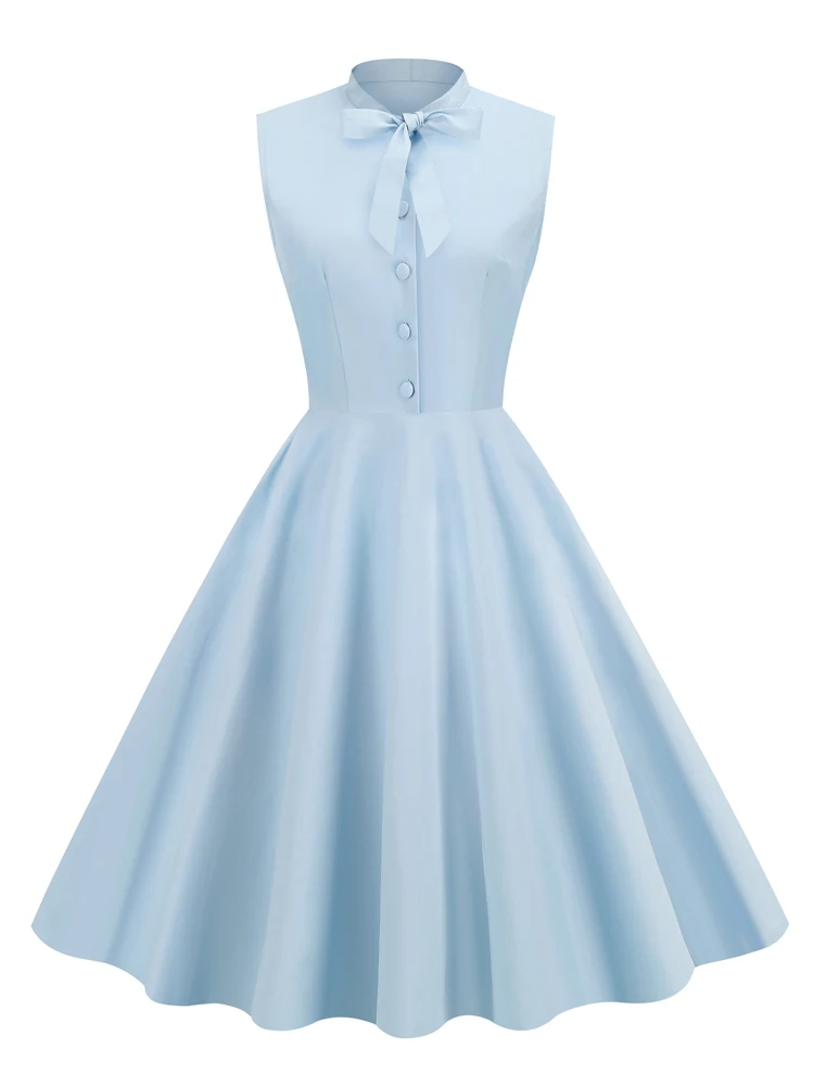 

Женское винтажное однотонное платье на пуговицах, голубое хлопковое ТРАПЕЦИЕВИДНОЕ ПЛАТЬЕ средней длины без рукавов, с бантом на шее, Y2K, 2023