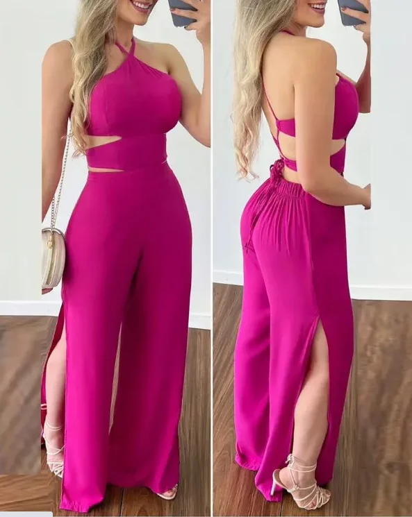 

Slit Hem Halter Jumpsuit Women Summer 2022 Fashion New Sexy Criss Cross Backless Rompers Lady Casual Elegant Jumpsuits