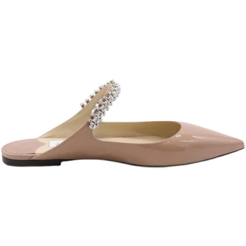 2023 New Pointed Rhinestone Muller Semi-trailer Flat Shoes Patent Leather Shallow French High Heel Women's Shoes Slippers