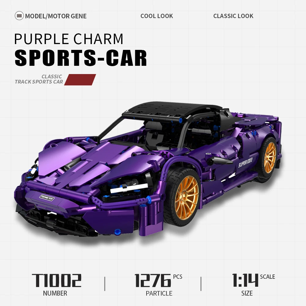 

T1002 1:14 High Tech Purple Charm Sports Racing Car Brick Static Version Technical Model Building Blocks Boys Gift Toys 1273pcs