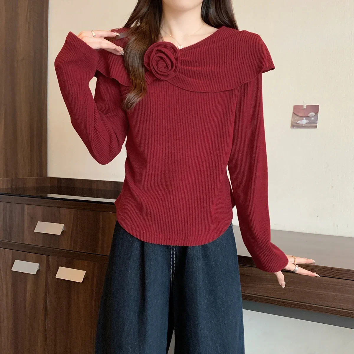 2024 Autumn High-End Feel Ancolar Red 3D Flower Knitted Top Slims You And Smooths Your Silhouette Inner 63753