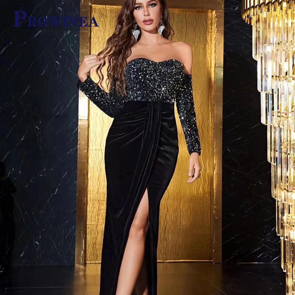 

PROWINEA Gorgeous Sequin Shiny Black Evening Dress For Women Party Prom Long Sleeves Side Slit Mermaid Dress Custom Made Vestido