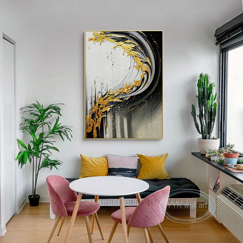 

Stunning Hand-Painted Art Oil Painting Modern Abstract Golden Ocean Waves Decorative Mural Wall Aesthetics Light Luxury Canvas