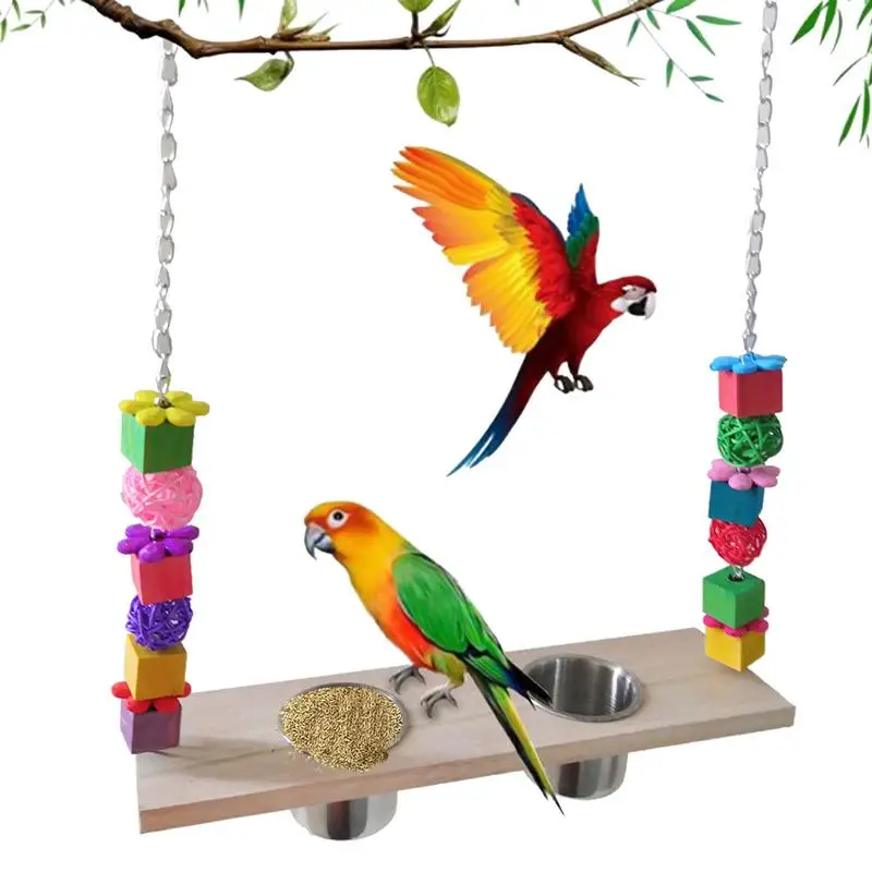 

Bird Swing Perch Wooden Parrot Swings Climbing Chew Toy Colorful Foraging Toys With 2 Feeder Tray Cups For Cockatiels Parakeets