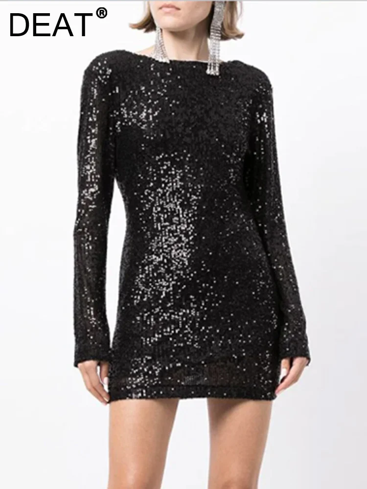 

[DEAT] Women Elegant Mini Dress Backless Sequins New Round Neck Long Sleeve Evening Party Dresses Fashion Spring 2023 13DA3767