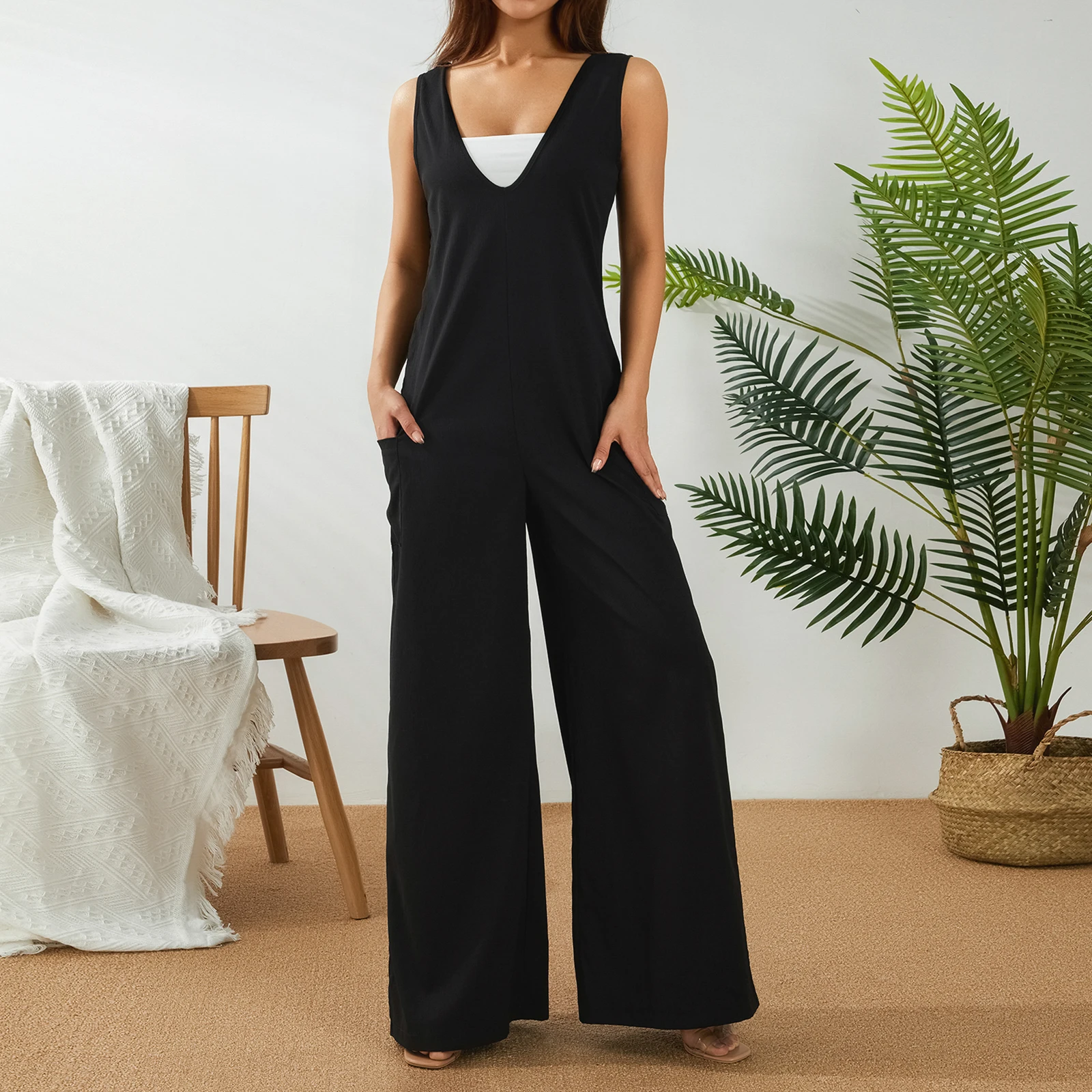 

Women Casual Jumpsuit Elegant Sleeveless Patchwork Loose Long Wide Leg Pants with Pockets