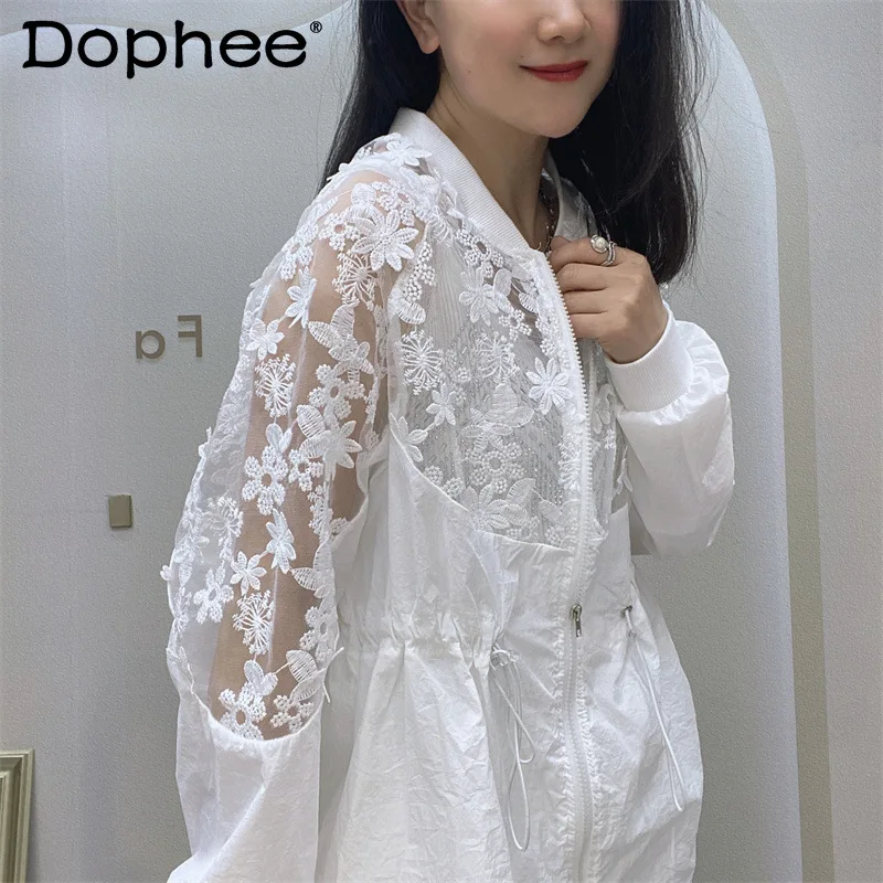 

Elegant Lace Stitching Embroidery Flower White Sun Protection Shirt Women 2022 Summer Clothes Long Sleeve Cardigan Jacket Tops