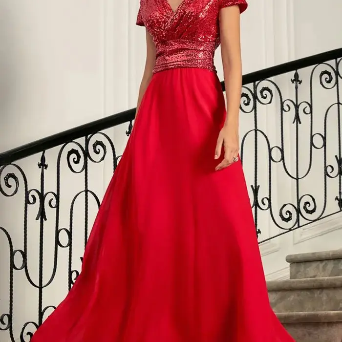

2023 New Sequin Temperament Commuter Solid Color Mid-waist Red Suspender Type Host Banquet Long Dress Evening Dress