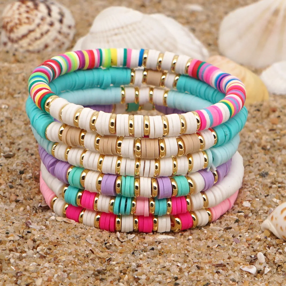 

Multicolor Boho Jewelry Heishi Bracelets for Women Summer Beach Polymer Clay Beads Bracelet Gold Color Spaced Beads Pulseras
