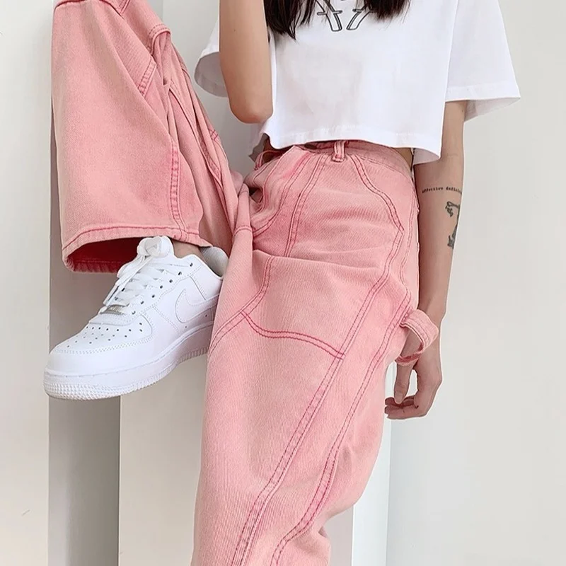 

Vintage Pants Women High Waist Loose Pink Streetwear Straight Jeans Harajuku Hip Hop Fashion Topstitched Wide-leg Trousers 2022