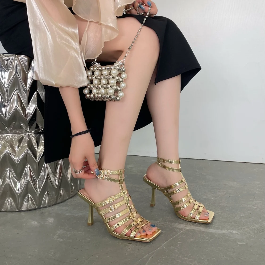 

Elegant Women Sandals Narrow Band Open Toe Dress Shoes Thin High Heels Ankle Strap 2022 New Arrivals Pumps Gold Silver Black