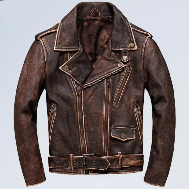 

Men's Genuine Leathe Jacket Top Layer Cowhide Retro Distressed Motorcycle Jacket Diagonal Pull Big Lapel Cowhide Coat Male