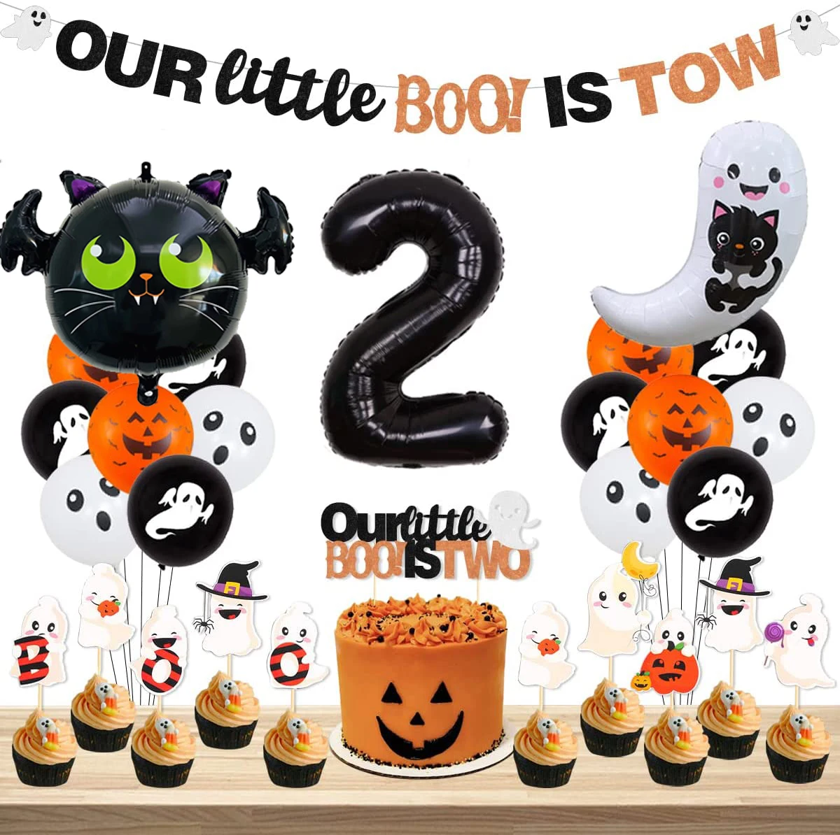 

Halloween Themed Our Little Boo Is Two Banner Cake Topper Cute Black Cat Ghost Foil Balloon Kids 2nd Birthday Party Supplies