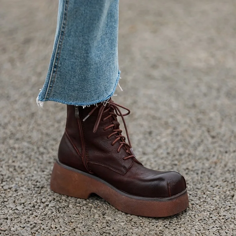 

Ботинки женские на платформе в стиле ретро, повседневная обувь из воловьей кожи, с квадратным носком, на молнии, короткие сапоги на толстом каблуке, весна-осень