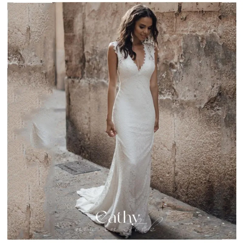 

Cathy Elegant Mermaid Wedding Dress 2023 Lace Embroidery Trumpet Wedding Gown For Bride 2022 Sexy Open Back Wedding Dress