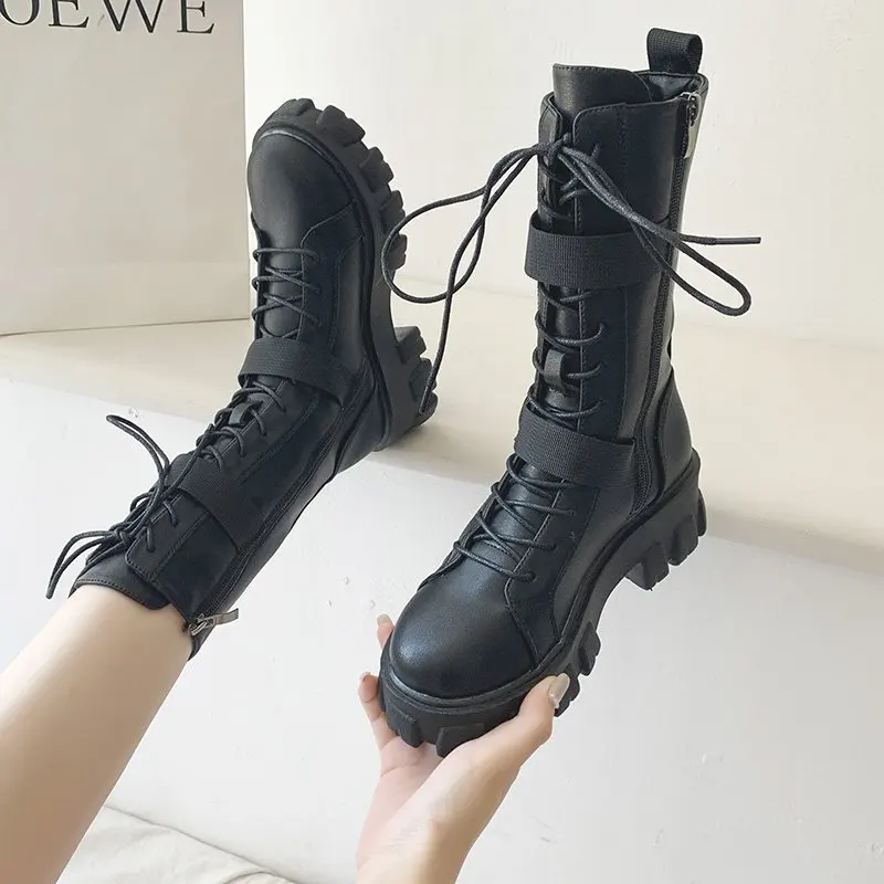 

Rock Shoes Woman Boots Women New 2022 New Lace Up Booties Ladies Round Toe Luxury Designer Flat Heel Lolita Med Fashion Sports