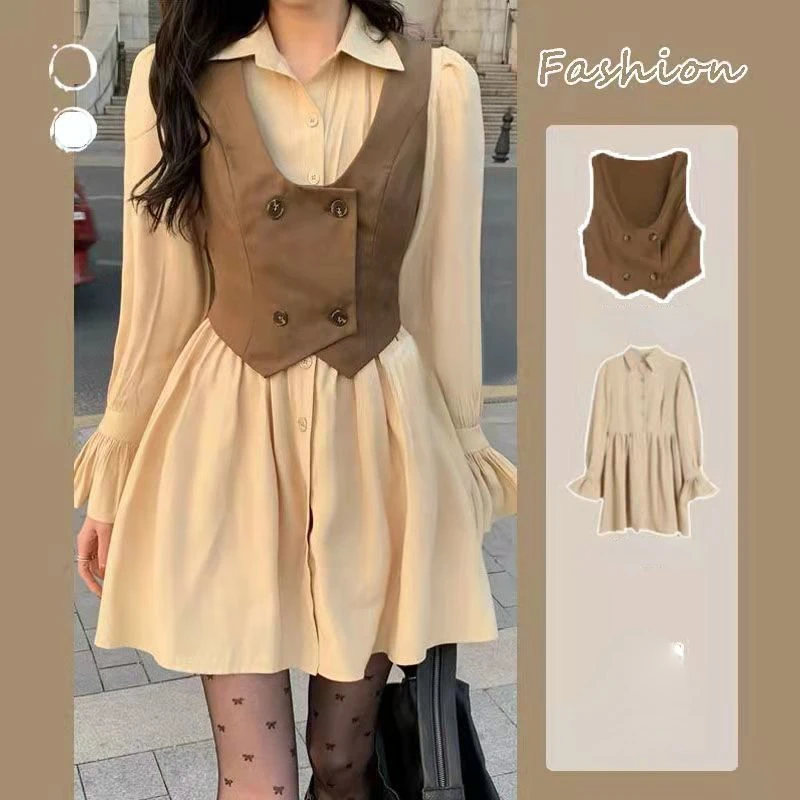 

DUOFAN Gentle Dress Sets Solid Long Sleeve Shirt Dress and Vest Two Piece Set Female Autumn New Waist A Line Women's Clothing
