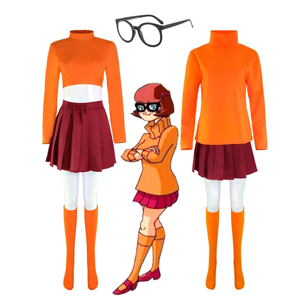 Anime Velma Cosplay Costume Movie Character Orange Uniform Halloween Costume for Women Girls Cosplay Costume Wig