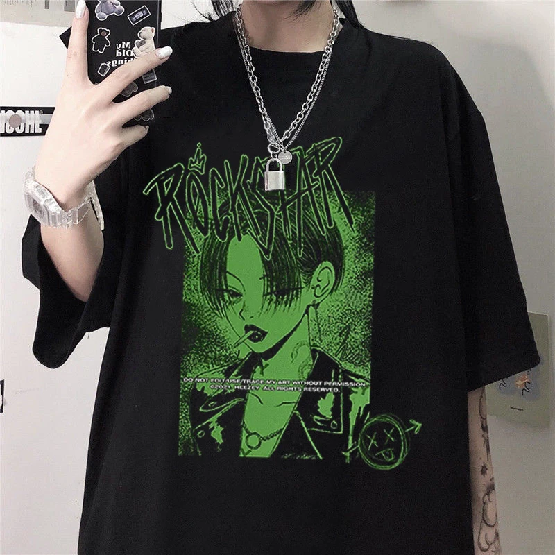 2022 Women T Shirt  Gothic Punk Cartoon Short Sleeve Streetwear Summer Loose  T-shirt O-Neck Woman Clothes Tops