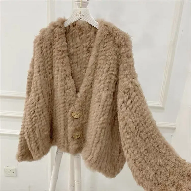 2022 New Real Rabbit Fur Knitted Coat Winter Spring Autumn Outwear overcoat Genuine Fur shearing fur Coat Hand Made
